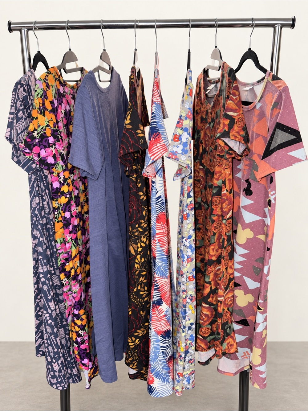 Lot of 8 Lularoe dresses Floral & Patterned , Disney, Mickey Mouse - Blue Multi
